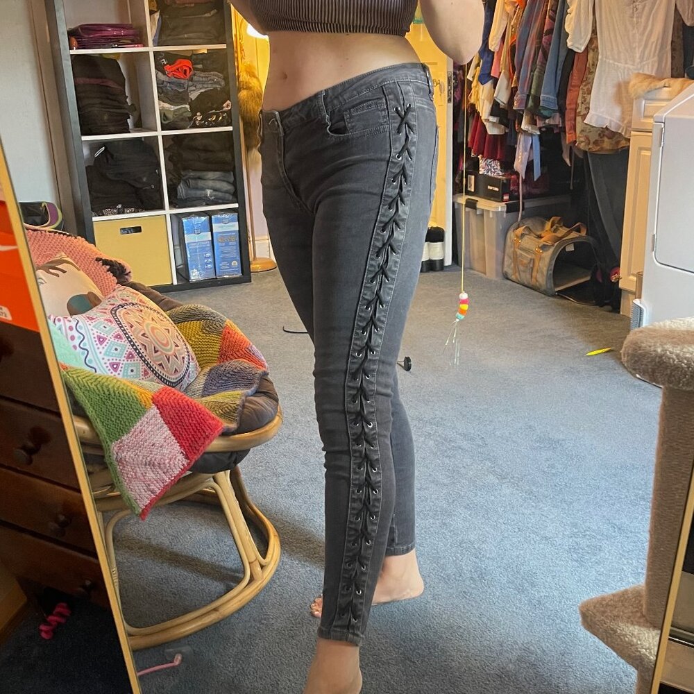Machine Brand Grey Stretch Lace-up Jeans Size 11 / 31